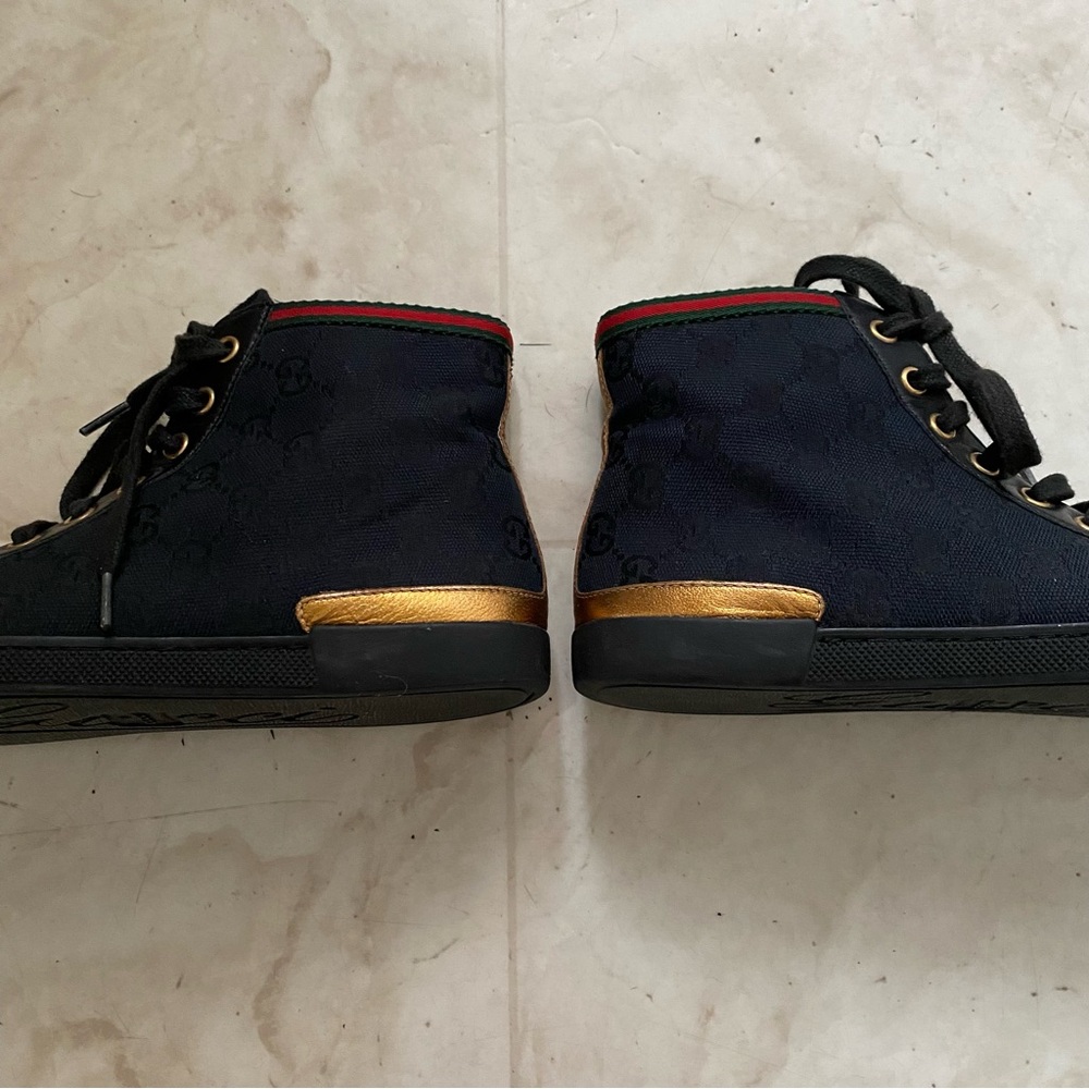 $985 Gucci Made in Italy GG Monogram Black Leather Canvas High Top Sneakers 5.5 - Picture 5 of 13